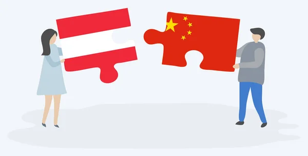 Paar Houden Twee Puzzels Stukken Met Oostenrijkse Chinese Vlaggen Oostenrijk — Stockvector