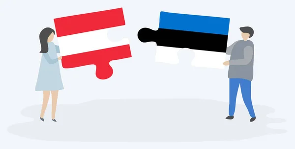 Casal Segurando Duas Peças Quebra Cabeças Com Bandeiras Austríacas Estonianas — Vetor de Stock