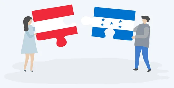 Pareja Sosteniendo Dos Piezas Rompecabezas Con Banderas Austriacas Hondureñas Austria — Vector de stock