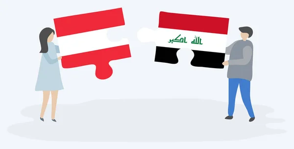 Casal Segurando Dois Quebra Cabeças Peças Com Bandeiras Austríacas Iraquianas — Vetor de Stock