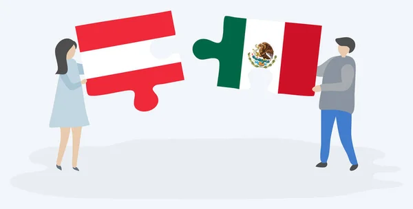 Pareja Sosteniendo Dos Piezas Rompecabezas Con Banderas Austria México Austria — Vector de stock