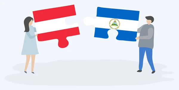 Paar Houden Twee Puzzels Stukken Met Oostenrijkse Nicaraguaanse Vlaggen Oostenrijk — Stockvector