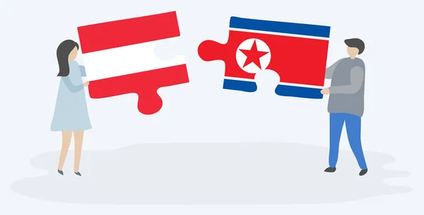 Paar Houden Twee Puzzels Stukken Met Oostenrijkse Noord Koreaanse Vlaggen — Stockvector