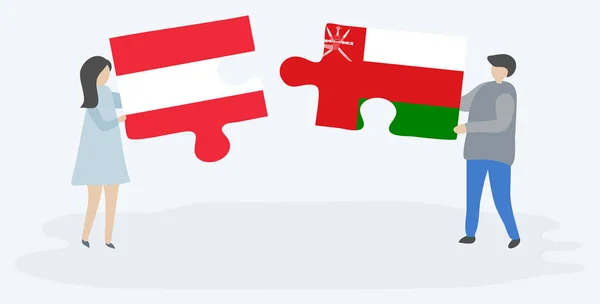 Para Trzymania Dwóch Puzzli Austriackimi Omani Flagi Symbole Narodowe Austrii — Wektor stockowy