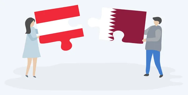 Couple Holding Two Puzzles Pieces Austrian Qatari Flags Austria Qatar — Stock Vector