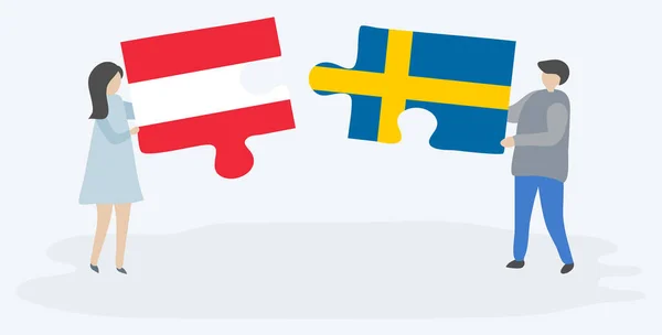 Ζευγάρι Που Κρατά Δύο Κομμάτια Παζλ Αυστριακές Και Σουηδικές Σημαίες — Διανυσματικό Αρχείο