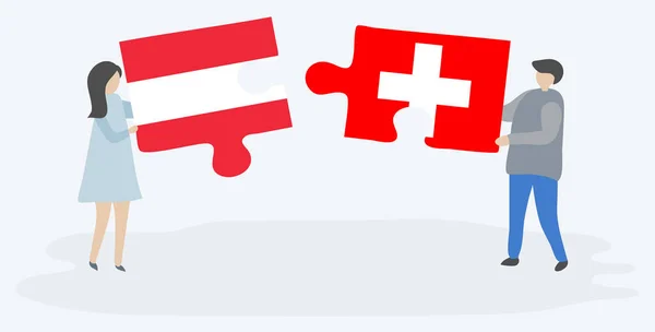 Ζευγάρι Που Κρατά Δύο Κομμάτια Παζλ Αυστριακές Και Ελβετικές Σημαίες — Διανυσματικό Αρχείο