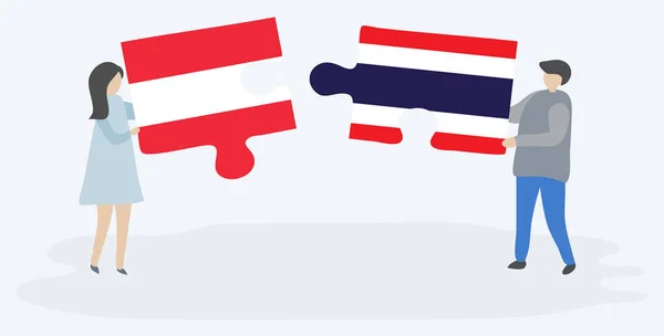 Couple Tenant Deux Pièces Puzzles Avec Des Drapeaux Autrichiens Thaïlandais — Image vectorielle