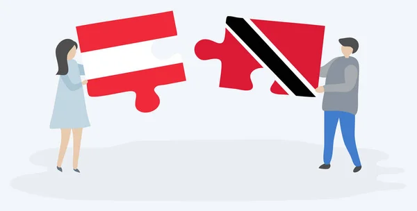Casal Segurando Duas Peças Quebra Cabeças Com Bandeiras Austríacas Trinidadianas —  Vetores de Stock