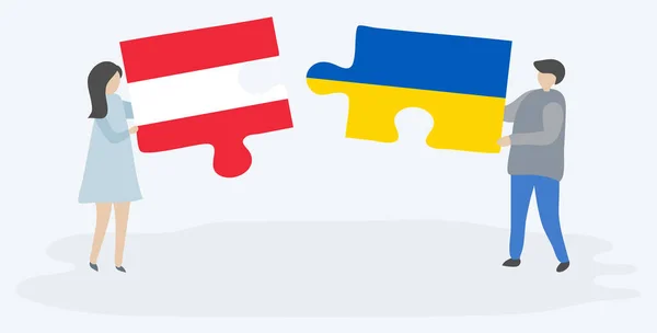 Couple Tenant Deux Pièces Puzzles Avec Des Drapeaux Autrichiens Ukrainiens — Image vectorielle