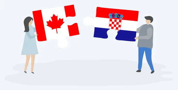 Ζευγάρι Που Κρατά Δύο Κομμάτια Παζλ Καναδέζικες Και Κροατικές Σημαίες — Διανυσματικό Αρχείο