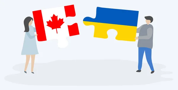 Paar Houden Twee Puzzels Stukken Met Canadese Oekraïense Vlaggen Canada — Stockvector
