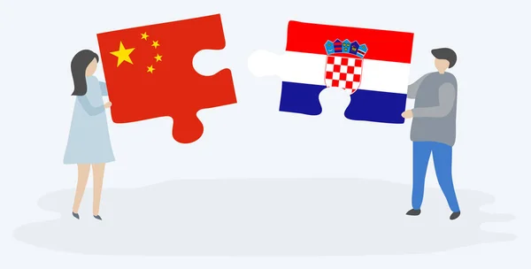 Ζευγάρι Που Κρατά Δύο Κομμάτια Παζλ Κινεζικές Και Κροατικές Σημαίες — Διανυσματικό Αρχείο