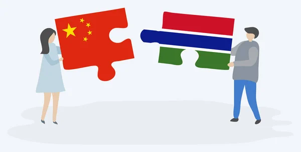 Paar Houden Twee Puzzels Stukken Met Chinese Gambian Vlaggen China — Stockvector