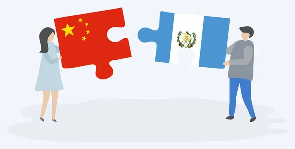 一对夫妇拿着两块拼图 上面挂着中国国旗和危地马拉国旗 中国和危地马拉国家符号在一起 — 图库矢量图片