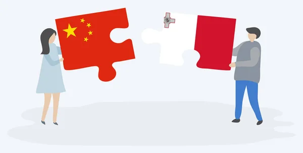 一对夫妇拿着两块带有中国国旗和马耳他国旗的拼图 中国和马耳他国家符号在一起 — 图库矢量图片