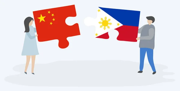 Пара Держащая Две Головоломки Китайскими Филиппинскими Флагами Государственные Символы Китая — стоковый вектор