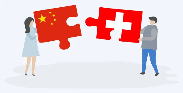 Pareja Sosteniendo Dos Piezas Rompecabezas Con Banderas Chinas Suizas China — Vector de stock