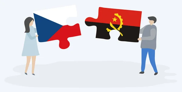 Paar Houden Twee Puzzels Stukken Met Tsjechische Angolese Vlaggen Tsjechië — Stockvector