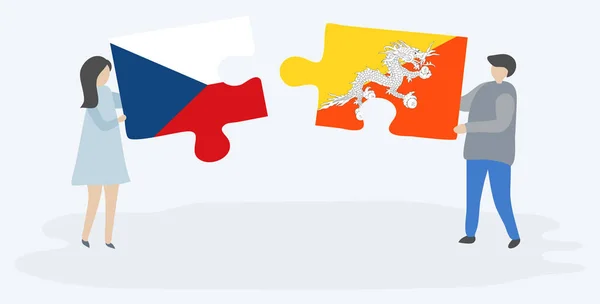 Pareja Sosteniendo Dos Piezas Rompecabezas Con Banderas Checas Butanesas República — Vector de stock