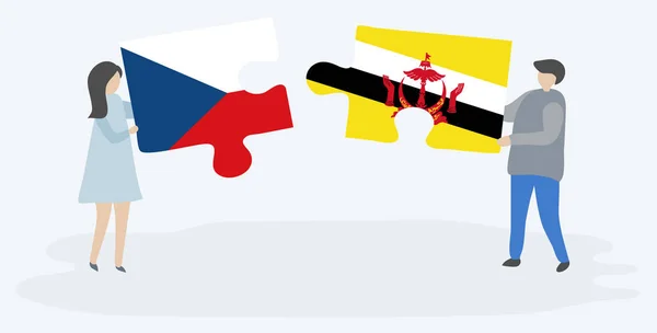 Pareja Sosteniendo Dos Piezas Rompecabezas Con Banderas Checas Bruneanas República — Vector de stock