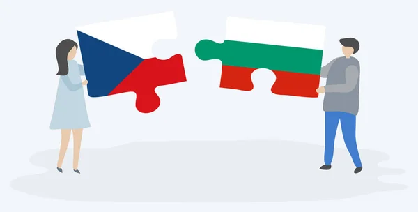Pareja Sosteniendo Dos Piezas Rompecabezas Con Banderas Checa Búlgara República — Vector de stock