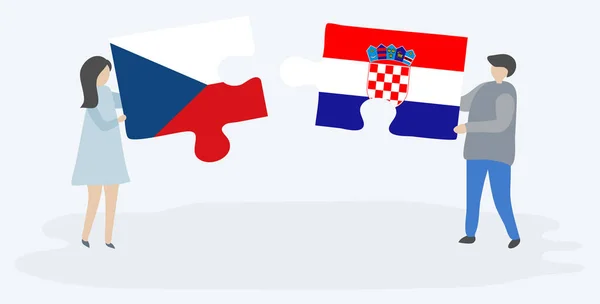 Couple Holding Two Puzzles Pieces Czech Croatian Flags Czech Republic — Stock Vector