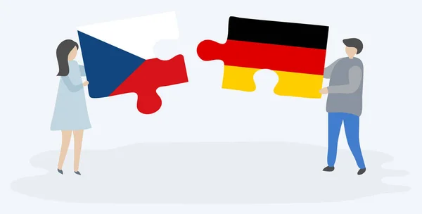 Para Kreskówek Posiadających Dwa Kawałki Puzzli Czeskich Niemieckich Flag Izolowanych — Wektor stockowy