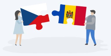 beyaz arka plan, Moldova ve Çek Cumhuriyeti ulusal sembolleri birlikte izole Çek ve Moldova bayrakları ile iki bulmaca parçaları tutan karikatür çift  