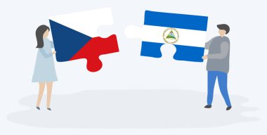 beyaz arka plan, Nikaragua ve Çek Cumhuriyeti ulusal sembolleri birlikte izole Çek ve Nikaragua bayrakları ile iki bulmaca parçaları tutan karikatür çift  