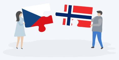 beyaz arka plan, Norveç ve Çek Cumhuriyeti ulusal sembolleri birlikte izole Çek ve Norveç bayrakları ile iki bulmaca parçaları tutan karikatür çift  