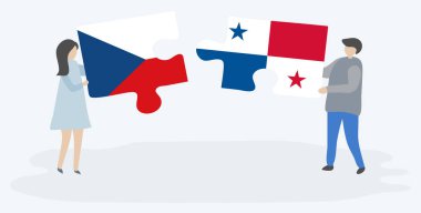 beyaz arka plan, Panama ve Çek Cumhuriyeti ulusal sembolleri birlikte izole Çek ve Panama bayrakları ile iki bulmaca parçaları tutan karikatür çift  