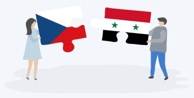 beyaz arka plan, Suriye ve Çek Cumhuriyeti ulusal sembolleri birlikte izole Çek ve Suriye bayrakları ile iki bulmaca parçaları tutan karikatür çift  