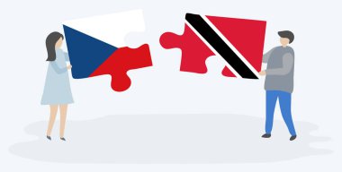 beyaz arka plan, Trinidad ve Tobago ve Çek Cumhuriyeti ulusal sembolleri birlikte izole Çek ve Trinidadian bayrakları ile iki bulmaca parçaları tutan karikatür çift  