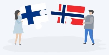 Fince ve Norveç bayrakları ile iki bulmaca parçaları tutan çift. Finlandiya ve Norveç ulusal sembolleri birlikte.