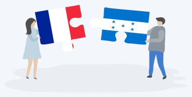 Fransız ve Honduras bayrakları ile iki bulmaca parçaları tutan çift. Fransa ve Honduras ulusal sembolleri birlikte.