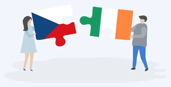 Rajzfilm Pár Két Rejtvénydarabokkal Fehér Alapon Izolált Cseh Zászlókkal Írország — Stock Vector