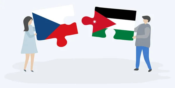 Tegneserie Par Holder Puslespil Stykker Med Tjekkiske Jordanske Flag Isoleret – Stock-vektor
