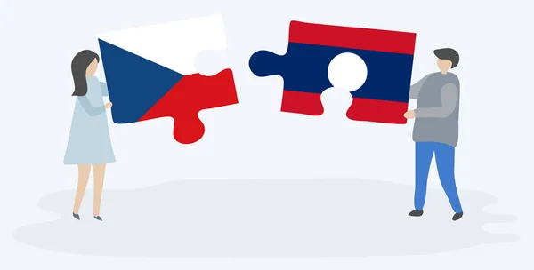 Cartoon Paar Hält Zwei Puzzleteile Mit Tschechischen Und Laotischen Flaggen — Stockvektor