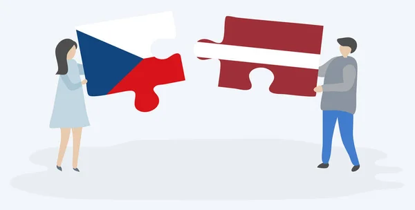 Para Kreskówek Posiadających Dwa Kawałki Puzzle Czeskich Łotewskich Flag Odizolowanych — Wektor stockowy