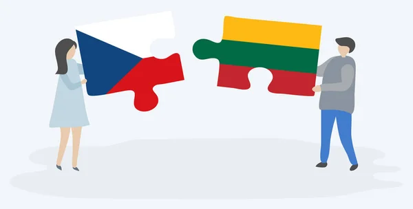 白い背景 リトアニアとチェコ共和国の国のシンボルに隔離されたチェコとリトアニアの旗を持つ2つのパズルのピースを保持する漫画のカップル — ストックベクタ