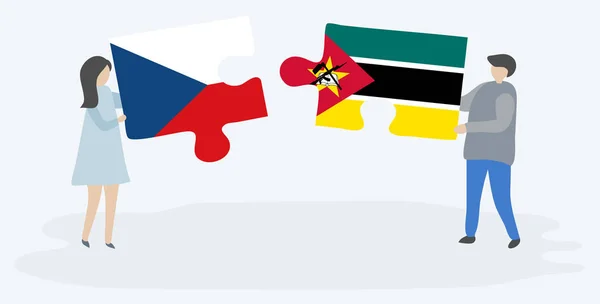 Мультфільм Пара Проведення Двох Головоломок Штук Чеської Мозамбіцького Прапорів Ізольованих — стоковий вектор
