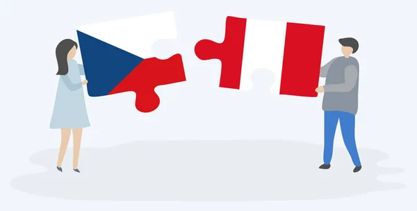 Cartoon Paar Hält Zwei Puzzleteile Mit Tschechischen Und Peruanischen Flaggen — Stockvektor