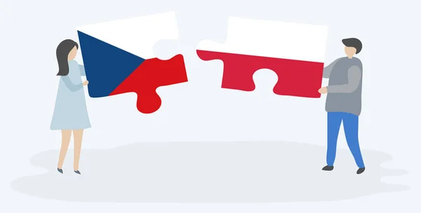 Cartoon Paar Houden Twee Puzzels Stukken Met Tsjechische Poolse Vlaggen — Stockvector
