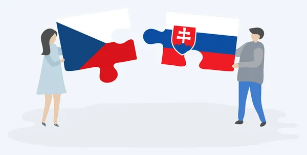 Pareja Dibujos Animados Con Dos Piezas Rompecabezas Con Banderas Checas — Vector de stock