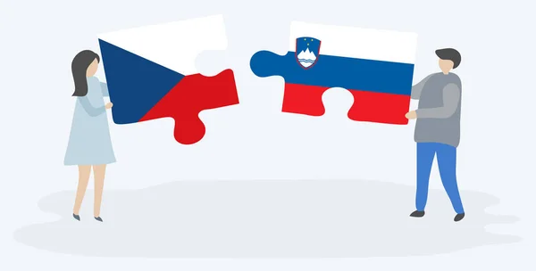 Cartoon Paar Hält Zwei Puzzleteile Mit Tschechischen Und Slowenischen Flaggen — Stockvektor