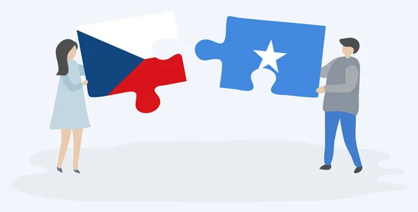 Kreslený Pár Dvěma Skládankami Českými Somálskou Vlajkou Izolovanými Bílém Pozadí — Stockový vektor