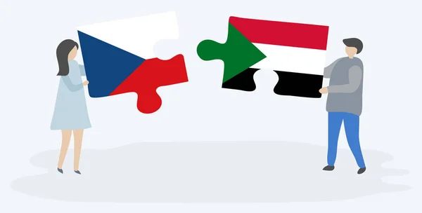 Rajzfilm Pár Két Puzzle Darab Cseh Szudáni Zászlók Elszigetelt Fehér — Stock Vector