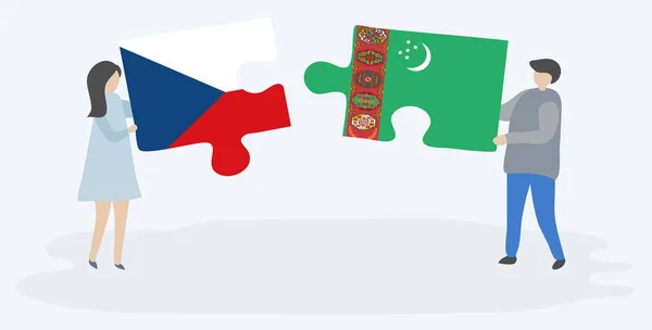 チェコとトルクメニスタンの旗を持つ2つのパズルのピースを持つ漫画のカップルは 一緒に白い背景に隔離されたトルクメニスタンとチェコ共和国のシンボル — ストックベクタ