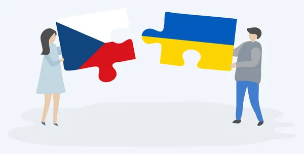 Cartoon Paar Hält Zwei Puzzleteile Mit Tschechischen Und Ukrainischen Flaggen — Stockvektor